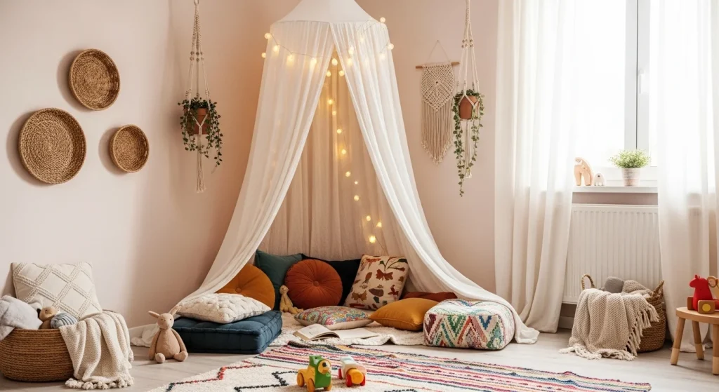 Boho Kids’ Rooms That Feel Like a Hug 4 1. Canopy Nooks with Floor Cushions