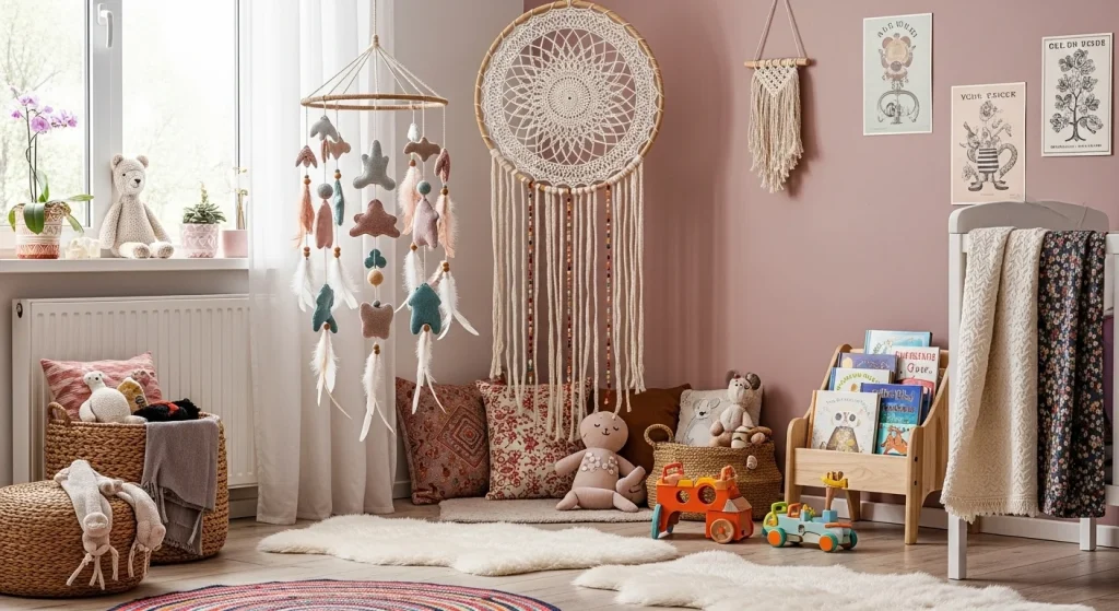 Boho Kids’ Rooms That Feel Like a Hug 12 . Handmade Mobiles and Dreamcatchers