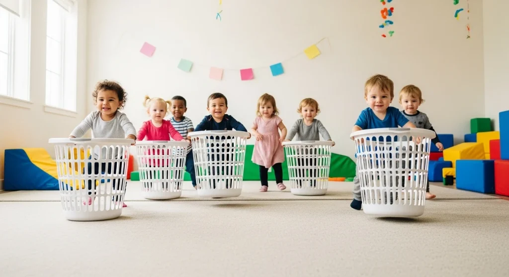 Tired of Tantrums? Try These 17 Gross Motor Activities 9 Laundry Basket Push Races