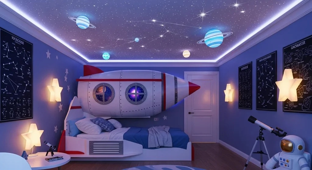 20+ Magical Rooms That Make Kids Feel Safe & Seen 6 Stars on the ceiling, glow-in-the-dark planets, and a rocket ship bed. Perfect for curious kids who dream of exploring galaxies