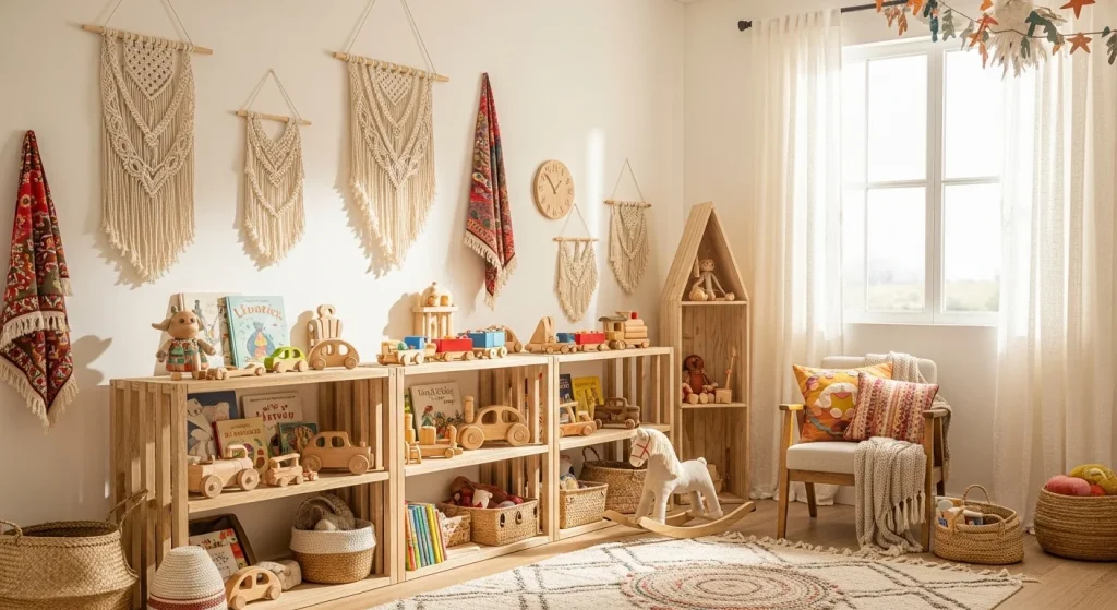 Boho Kids’ Rooms That Feel Like a Hug 13 Wooden Toys and Open Shelving