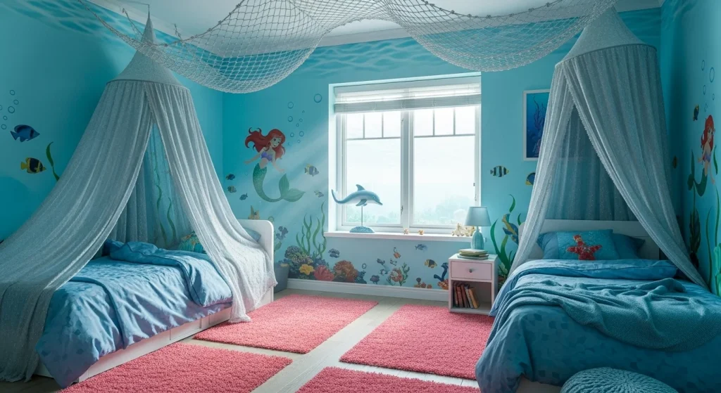 20+ Magical Rooms That Make Kids Feel Safe & Seen 8 Aqua walls, mermaid or fish decals, and netted canopies turn a basic room into an underwater adventure zone.