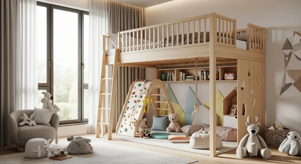 lofted beds with a play area underneath