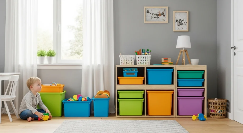 Color-Coded Bins in kids room