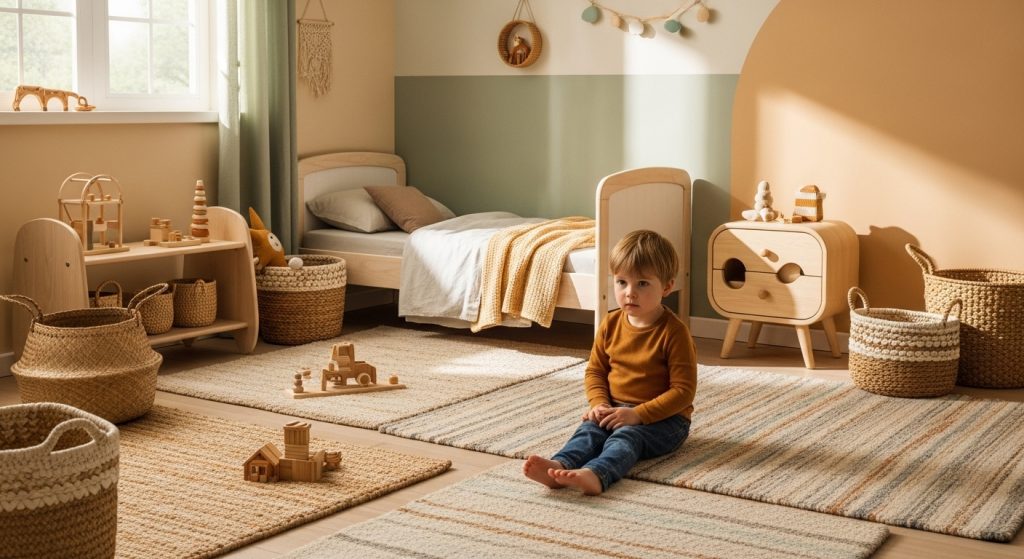 20+ Magical Rooms That Make Kids Feel Safe & Seen 7 Layered rugs, woven baskets, natural wood accents, and soft earth tones bring warmth and calm to any child’s room.