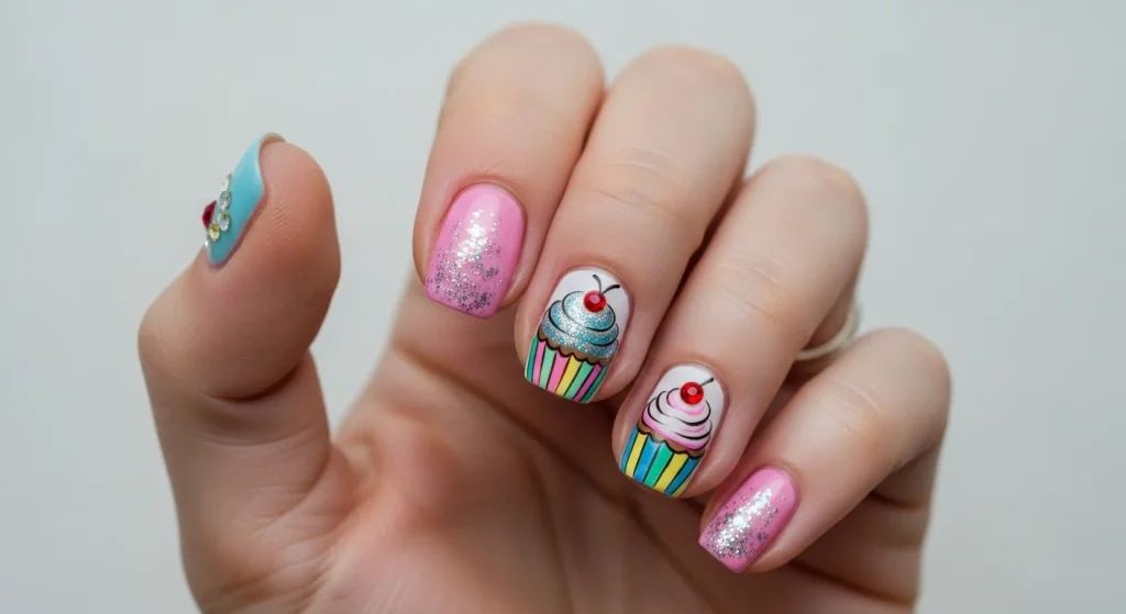 A favorite for little foodies! Paint one accent nail with a cupcake design—use glitter for the frosting and a tiny red gem for the cherry.
