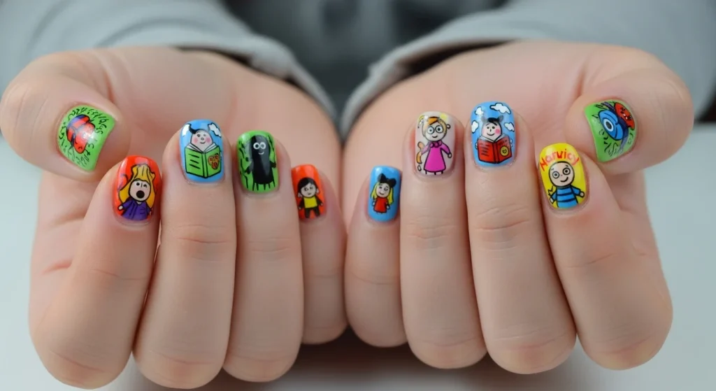 Tiny Fingers, Big Style: 15 Nail Ideas for Kids They’ll Love 16 Paint each nail to match a part of your child’s favorite book