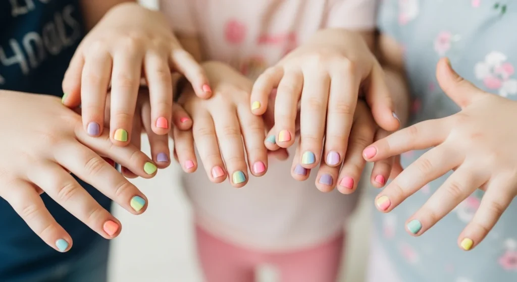 Too Hot for Polish? Try These 10 Breezy Summer Nails for Moms & Kids 8 Pastel Rainbow Fingers