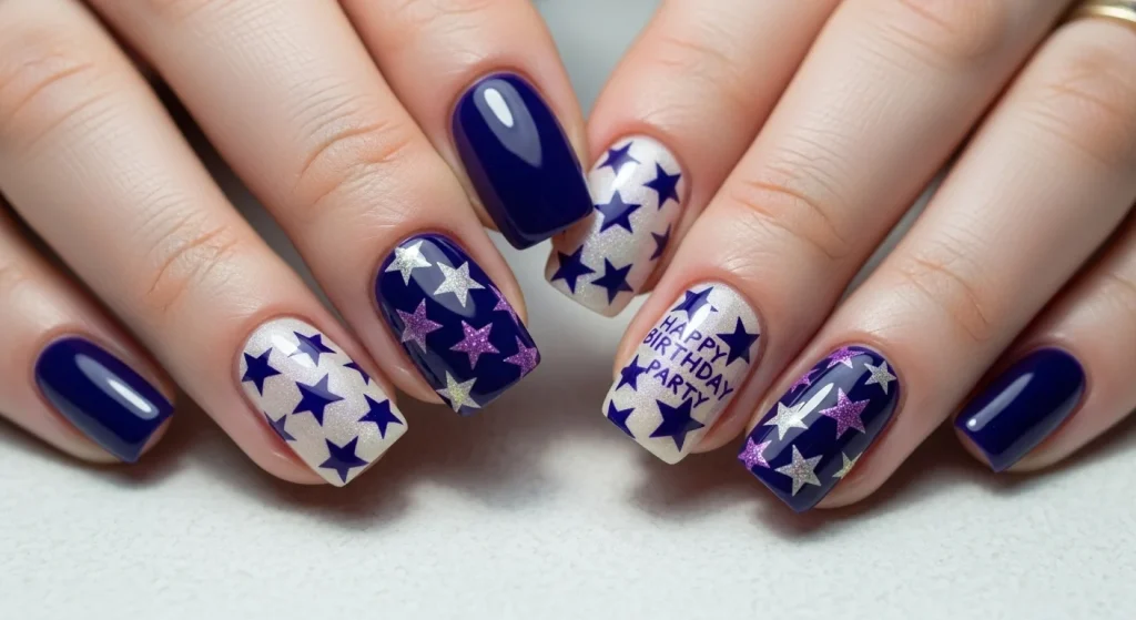 Use star decals or stamps over a navy or purple base. Top it off with a shimmer coat for that magical birthday evening look.