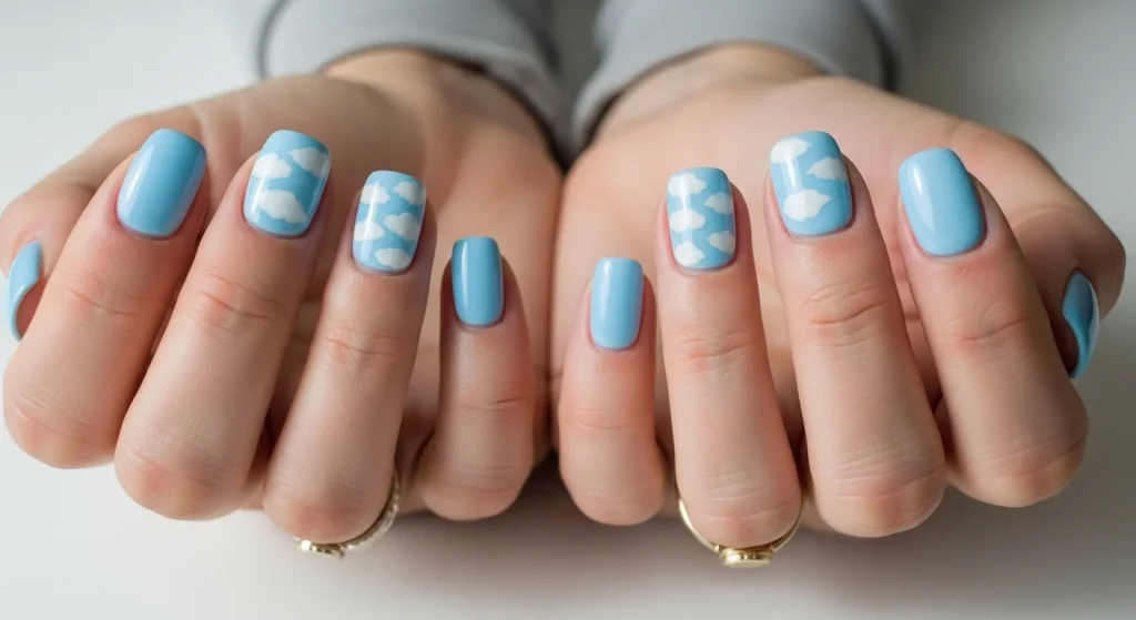 Too Hot for Polish? Try These 10 Breezy Summer Nails for Moms & Kids 5 Sky Blue + White Clouds