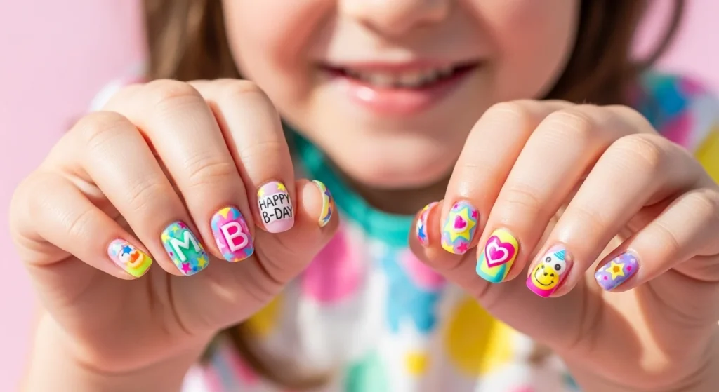 Name Initials or “Happy B-Day” Letter Nails