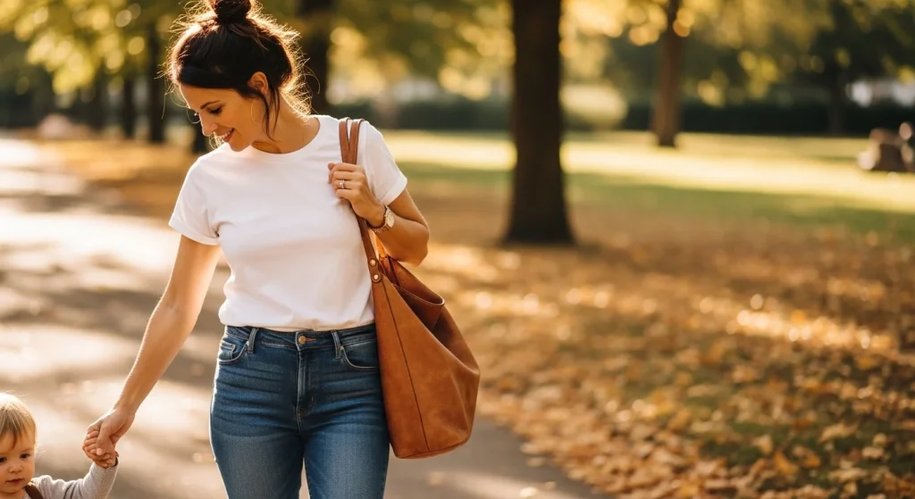15 Effortlessly Chic Mom Fits That Work for Playdates, Pickups, and Everything In‑Between 4 Classic White Tee + Dark Stretch Jeans