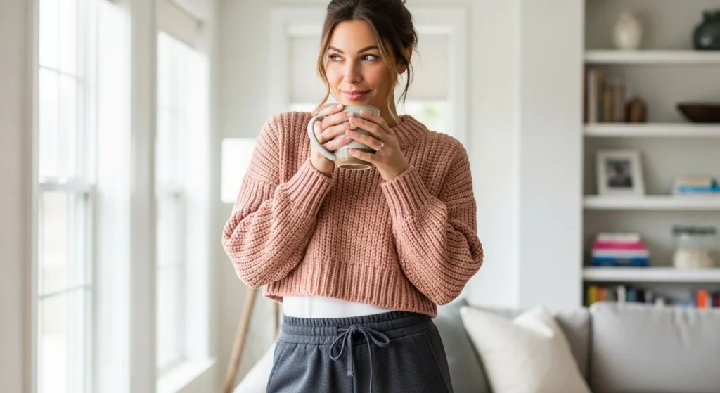 15 Effortlessly Chic Mom Fits That Work for Playdates, Pickups, and Everything In‑Between 12 Cropped Sweater + High-Waisted Joggers