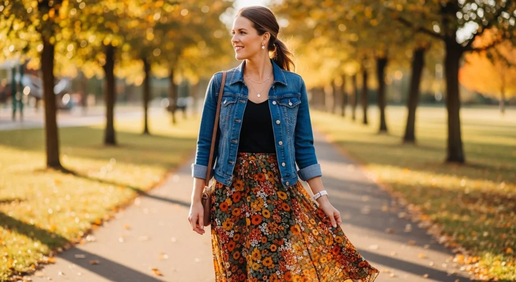 15 Effortlessly Chic Mom Fits That Work for Playdates, Pickups, and Everything In‑Between 9 Denim Jacket + Midi Skirt + Tank