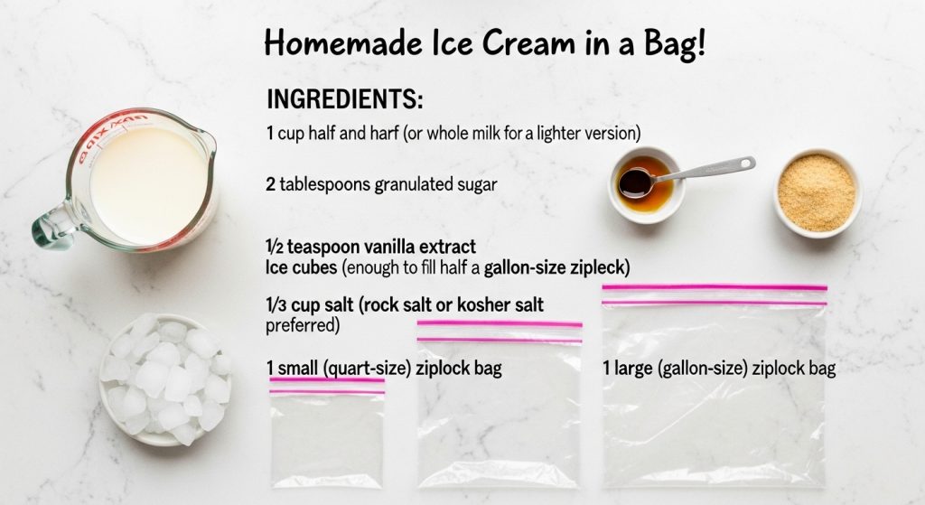 cup half and half (or whole milk for a lighter version)

2 tablespoons granulated sugar

½ teaspoon vanilla extract

Ice cubes (enough to fill half a gallon-size ziplock)

⅓ cup salt (rock salt or kosher salt preferred)

1 small (quart-size) ziplock bag

1 large (gallon-size) ziplock ba
