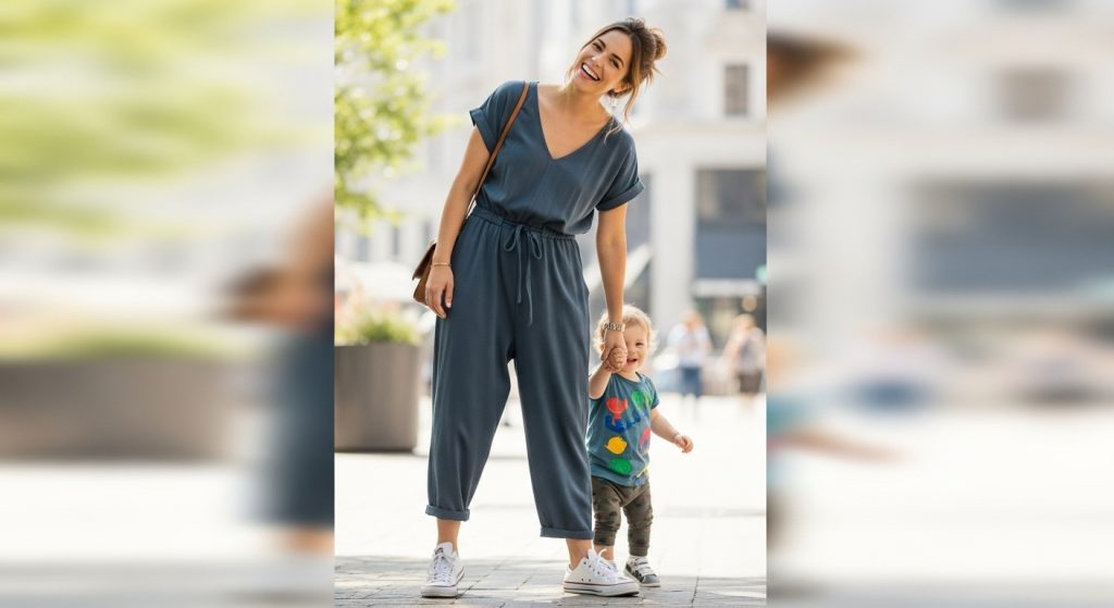 15 Effortlessly Chic Mom Fits That Work for Playdates, Pickups, and Everything In‑Between 8 Jumpsuit Love + Sneakers