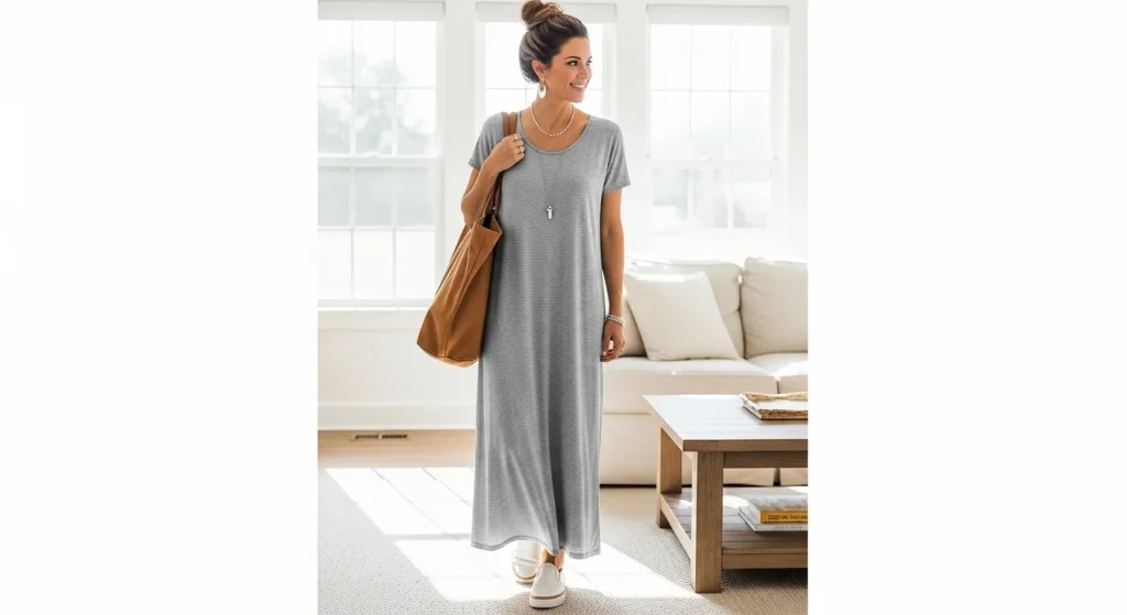 15 Effortlessly Chic Mom Fits That Work for Playdates, Pickups, and Everything In‑Between 15 Lounge Dress + Slip-On Sneakers