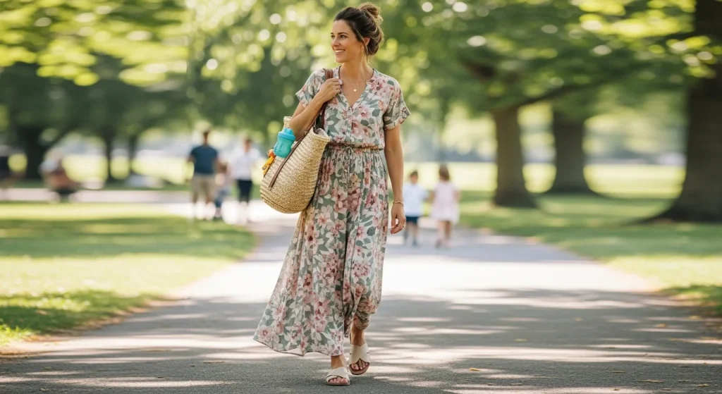 15 Effortlessly Chic Mom Fits That Work for Playdates, Pickups, and Everything In‑Between 10 Maxi Dress + Slides