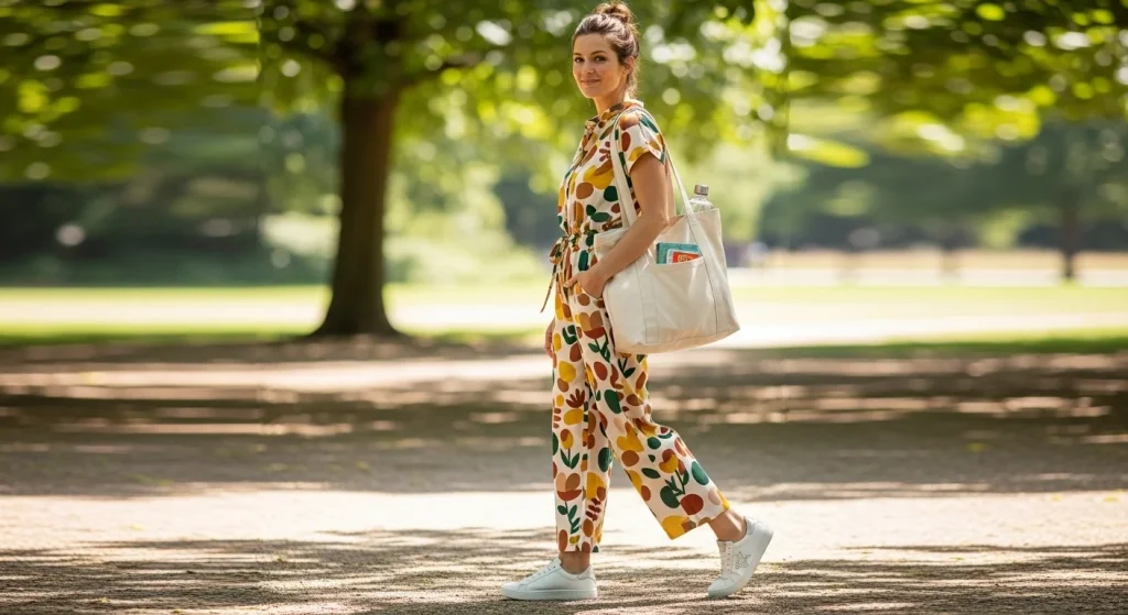 15 Effortlessly Chic Mom Fits That Work for Playdates, Pickups, and Everything In‑Between 14 Patterned Jumpsuit + White Trainers