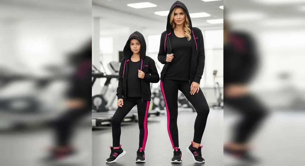 From Playdates to Photoshoots: Matching Outfits for Every Mom-Kid Moment 8 Black leggings with a pink stripe, matching tank tops, and sporty sneakers.