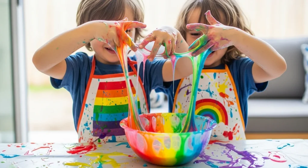 Rainbow Slime Magic: A DIY Craft That’ll Wow Your Kids 11 Plan a “messy day” with matching aprons and rainbow slime—capture the moment for memories.