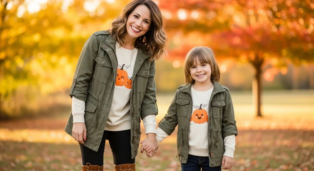 From Playdates to Photoshoots: Matching Outfits for Every Mom-Kid Moment 10 Brown boots, olive jackets, and pumpkin-themed tops