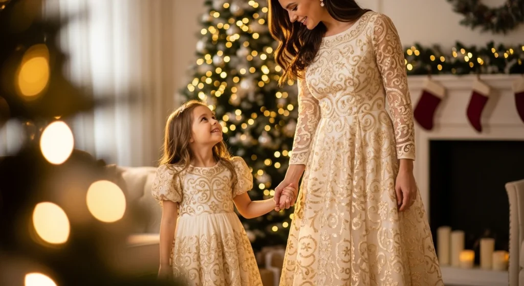 From Playdates to Photoshoots: Matching Outfits for Every Mom-Kid Moment 11 Elegant cream dress for mom with golden embroidery that matches your daughter’s mini version.