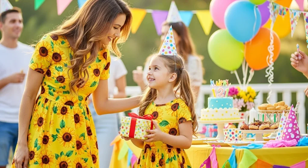 From Playdates to Photoshoots: Matching Outfits for Every Mom-Kid Moment 7 Yellow sunflower dress for mom and daughter, or plaid shirts in complementary colors for mom and son.