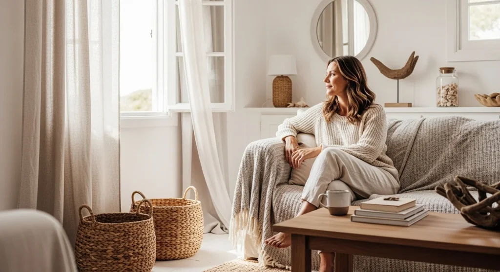 How Moms Can Rock the Coastal Grandma Aesthetic: Chill & Chic Fashion 13 Neutral Home Decor: White walls, linen curtains, woven baskets, cozy throws.