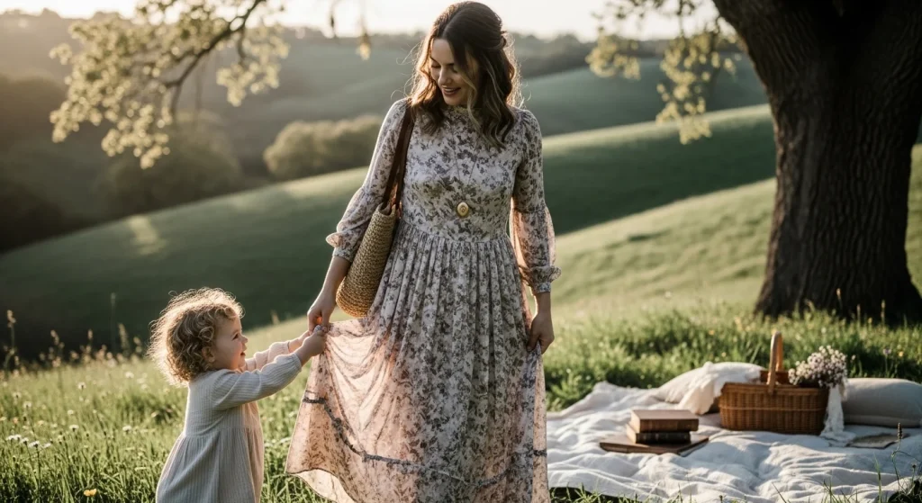 10 Mom Aesthetic Trends That Make Motherhood Feel Magical 11 Flowing vintage-inspired dresses