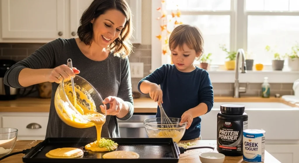 Breakfast in 5: The Pancake Trick That Saved My Sanity as a Mom 7 Pureed sweet potato or pumpkin in the batter
Finely grated zucchini or carrot
Protein powder or Greek yogurt