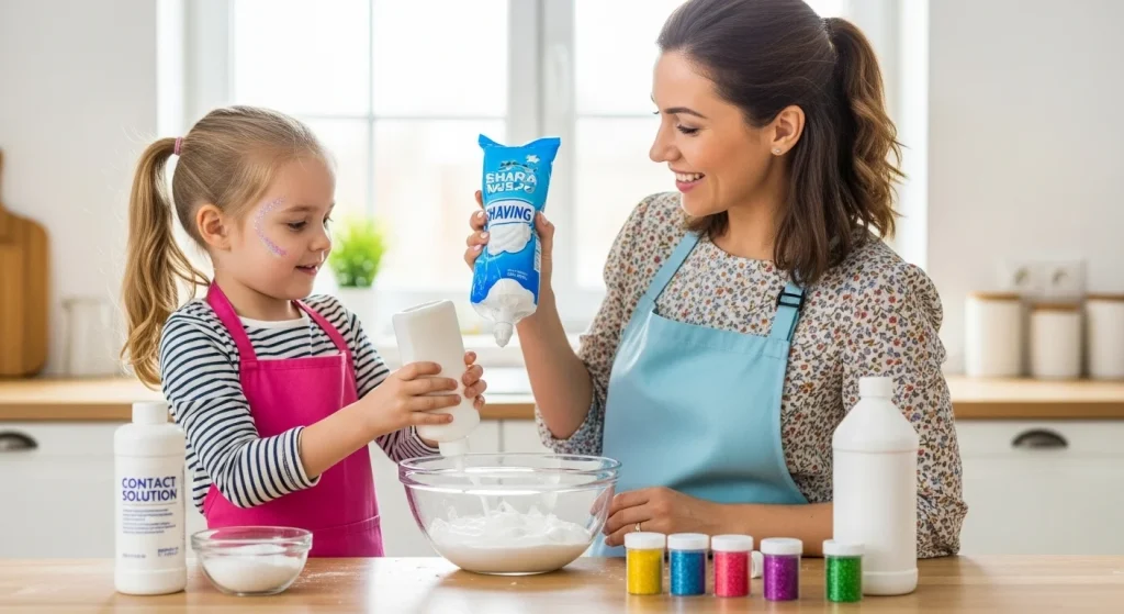 The Best Fluffy Slime Recipe That Moms and Kids Are Obsessed With! 6 ½ cup white school glue
½ cup shaving foam (for the fluff!)
½ tsp baking soda
1–2 tbsp saline solution (must contain boric acid)
A few drops of food coloring (optional)
Glitter, scents, or beads (optional)