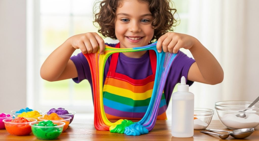 Rainbow Slime Magic: A DIY Craft That’ll Wow Your Kids 8 Once all the colored slimes are ready, roll each into long “worms” and place them side by side. Twist and gently stretch to create your rainbow slime swirl!
