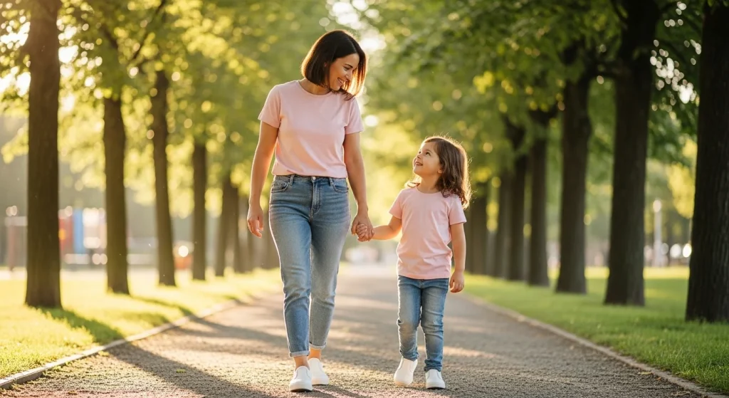 Why Matching Outfits with Your Little One Feels So Special (And How to Start)? 6 Soft pink tees + denim shorts + white slip-on sneakers for quick, foolproof coordination.