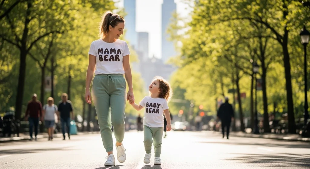 From Playdates to Photoshoots: Matching Outfits for Every Mom-Kid Moment 4 White sneakers, pale green joggers, and “Mama Bear / Baby Bear” T-shirts.