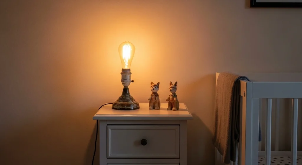 Mom Aesthetic Nursery Ideas on a Budget: Cozy & Stylish Hacks 8 A thrifted lamp with a warm-toned bulb