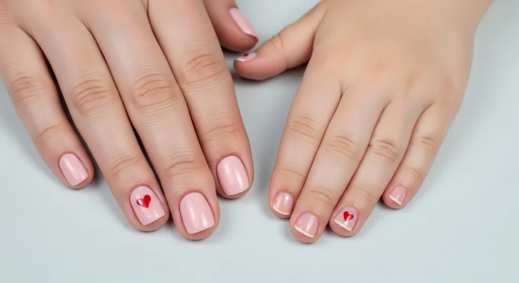 Tiny Hands, Big Style: Nail Ideas for Moms & Little Ones 6 Tiny Hearts on Ring Fingers