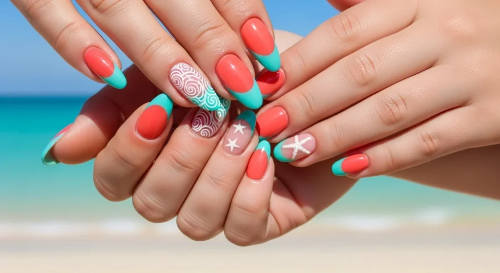 Beach‑Ready Nails: 12 Stunning Summer Designs (Including Mother–Daughter Matching Ideas!) 5 Coral & Aqua French Tips with a Twist
