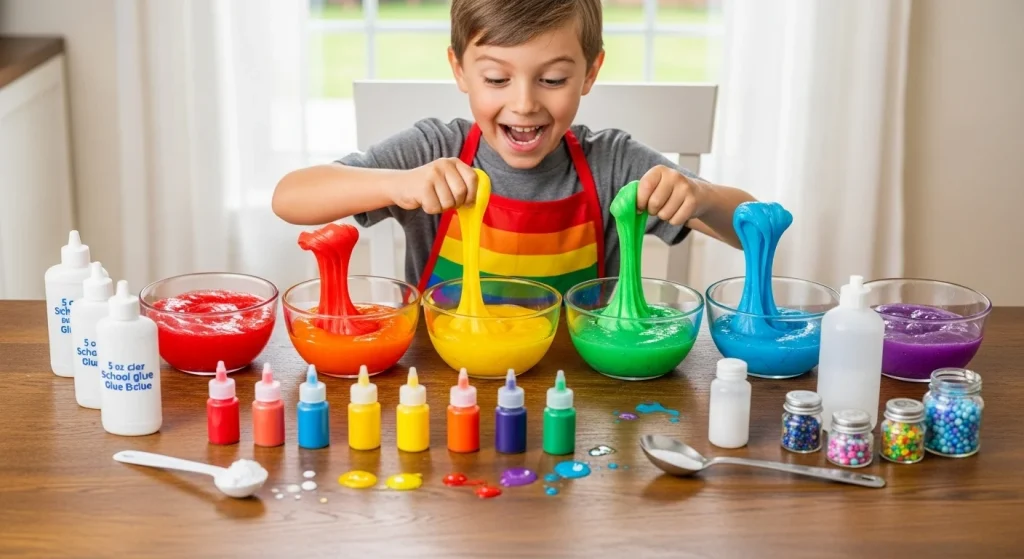 Rainbow Slime Magic: A DIY Craft That’ll Wow Your Kids 4 6 bowls for each rainbow color 6 bottles of clear school glue (5 oz each) Liquid food coloring (red, orange, yellow, green, blue, purple) Baking soda (½ tsp per bowl) Saline solution or contact lens solution (1 tbsp per bowl) Optional: glitter, confetti, foam beads