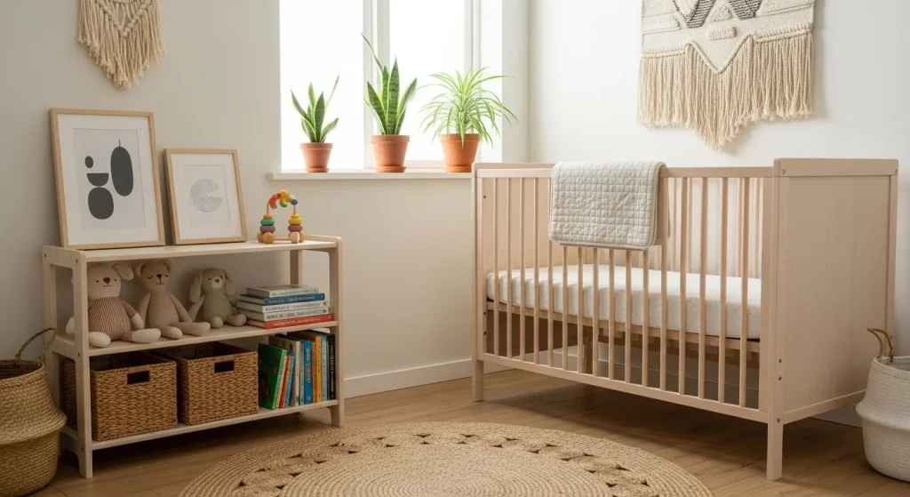 Mom Aesthetic Nursery Ideas on a Budget: Cozy & Stylish Hacks 9 A few small potted plants (bonus: they purify air)
Wooden accents (frames, baskets, or a toy shelf)
A jute rug or woven wall hanging