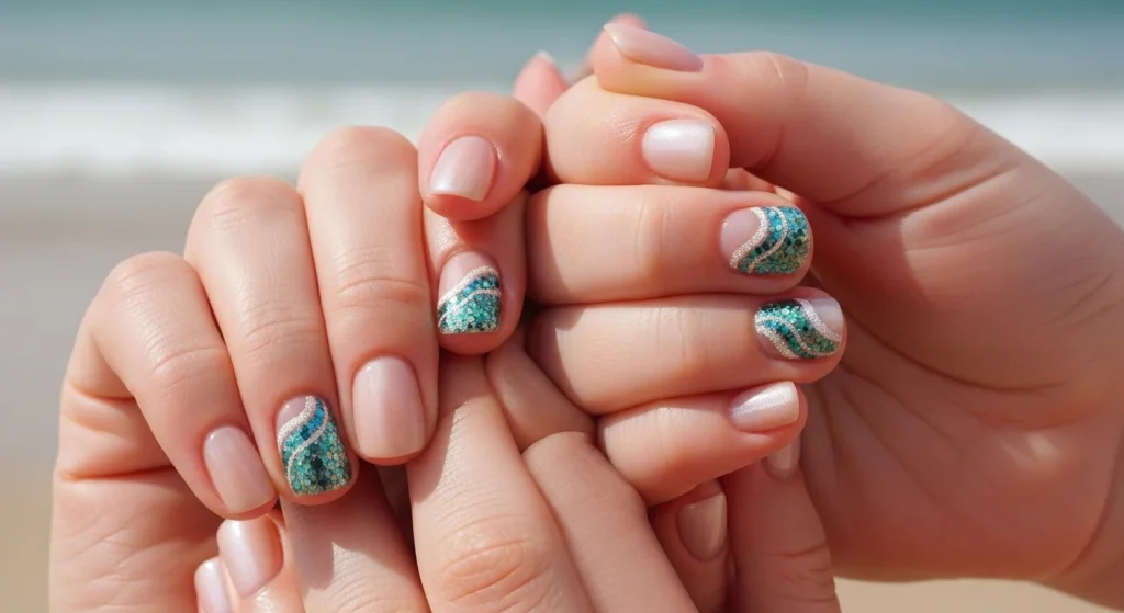 Beach‑Ready Nails: 12 Stunning Summer Designs (Including Mother–Daughter Matching Ideas!) 9 Glittery Wave Accent Nail