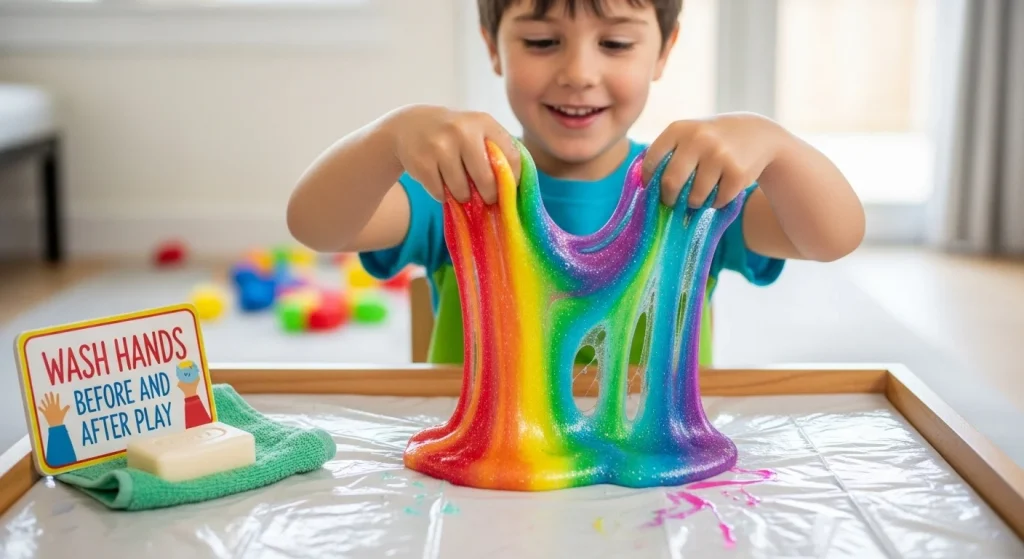 Rainbow Slime Magic: A DIY Craft That’ll Wow Your Kids 10 Wash hands before and after play