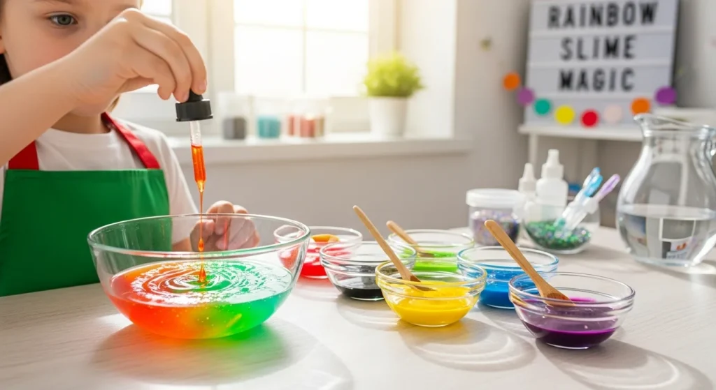 Rainbow Slime Magic: A DIY Craft That’ll Wow Your Kids 6 Add 2-3 drops of food coloring into each bowl. Stir until the color is evenly blended. This is a great opportunity to teach your child about color mixing!