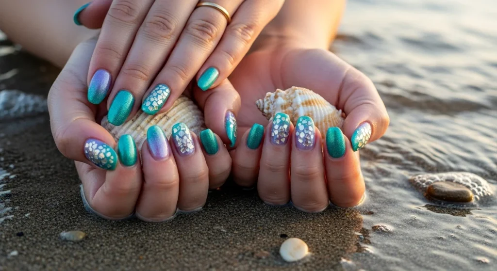 Beach‑Ready Nails: 12 Stunning Summer Designs (Including Mother–Daughter Matching Ideas!) 7 Mermaid Gradient Nails with Shell Flakes
