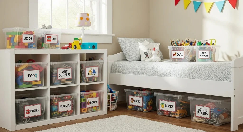 Toy Clutter Be Gone: 15 Genius Storage Hacks for a Mess-Free Kids’ Room 3 Clear Bins with Labels