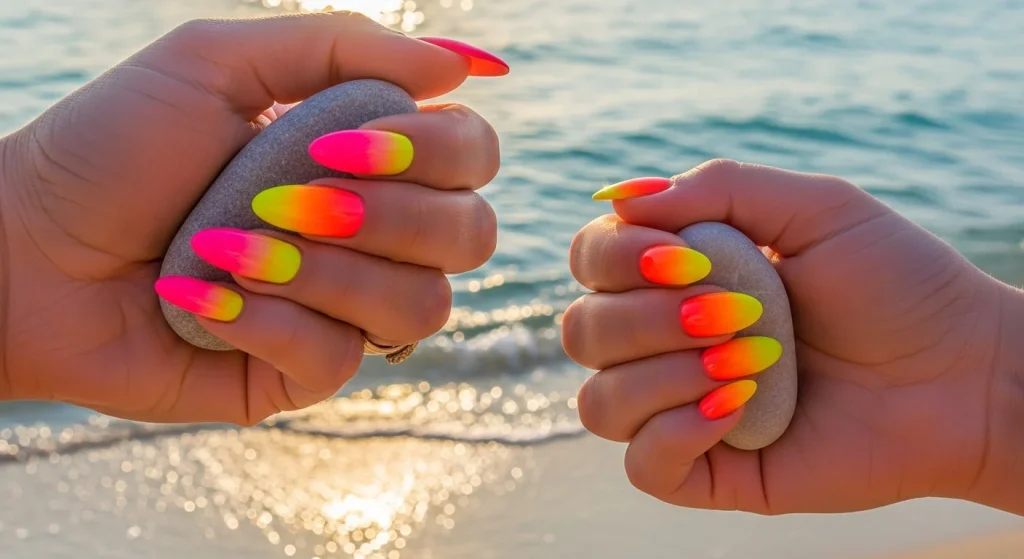 Beach‑Ready Nails: 12 Stunning Summer Designs (Including Mother–Daughter Matching Ideas!) 11 Neon Sunset Nails