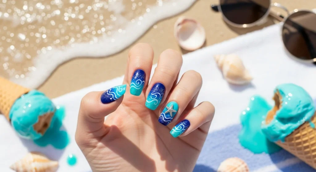 Sunshine & Sparkles: Summer Nail Ideas for Busy Moms 7 Ocean Blues & Turquoise Waves