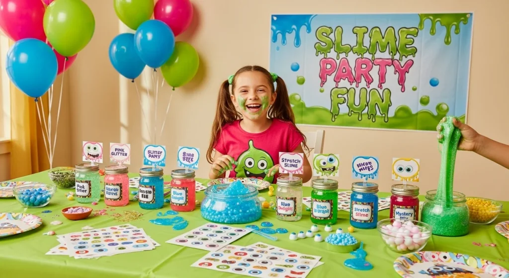 “Slime Party Fun: 7 Creative Ways to Make It the Star of the Show” 5 Set up a slime bar with mini jars, labels, and stickers.