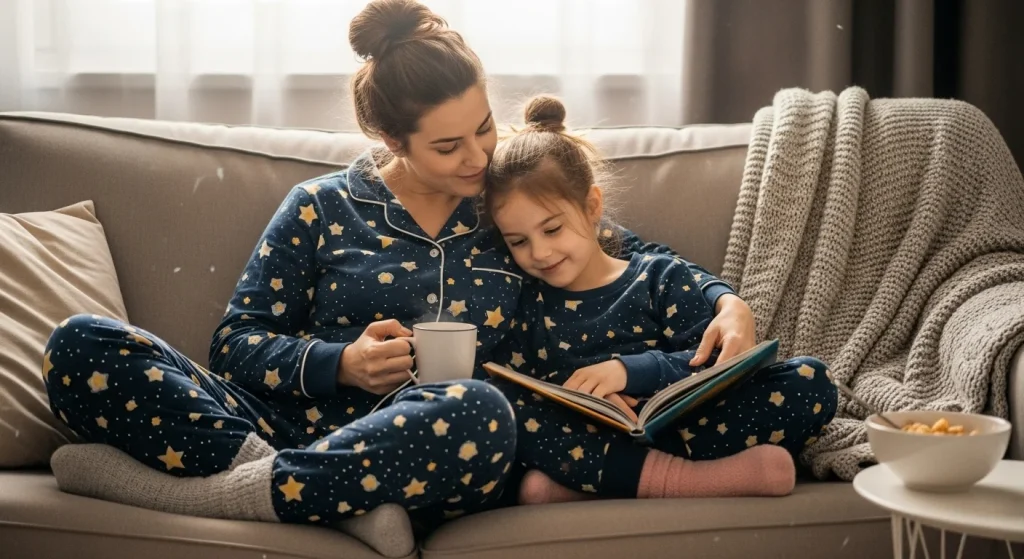 From Playdates to Photoshoots: Matching Outfits for Every Mom-Kid Moment 6 Starry night pajamas in navy blue for both mom and kid, paired with fuzzy socks and messy buns.