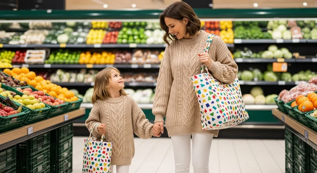 From Playdates to Photoshoots: Matching Outfits for Every Mom-Kid Moment 5 Beige or taupe oversized sweaters, white leggings, and a fun patterned tote bag.
